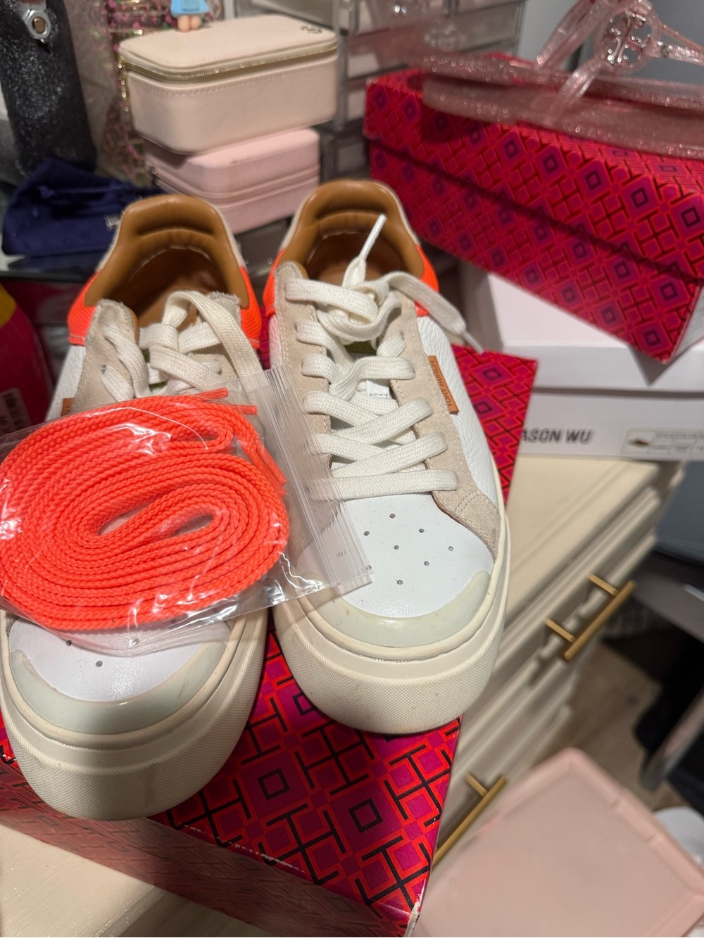 Tory Burch White Sneakers with Fluorescent Pink Accent - Picture 1 of 5